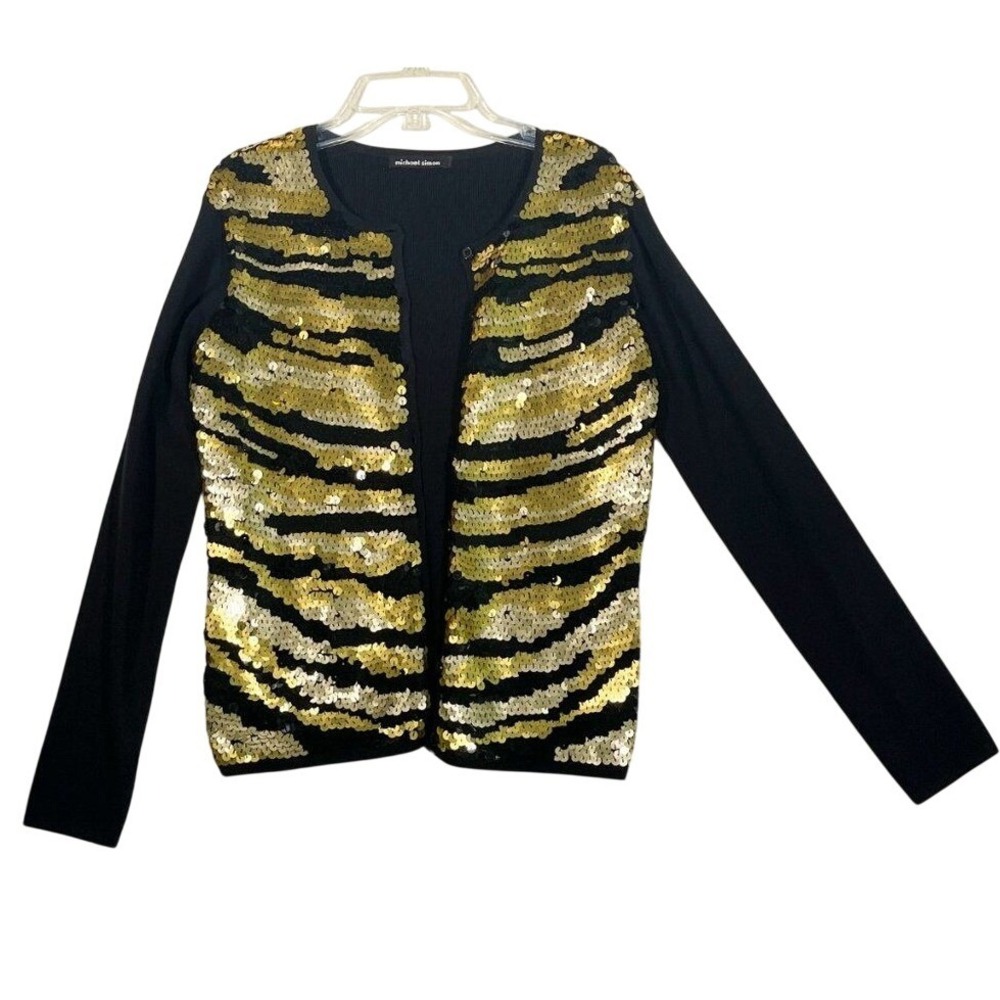 MICHAEL SIMON Sequin Animal Print Cardigan Sweater PS